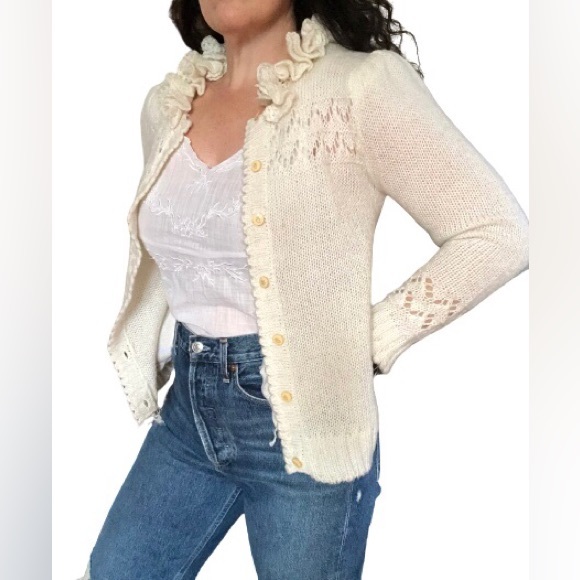 Vtg Puff Sleeve Pockets Ruffle Cut Work Knit Granny Grandma Cardigan Sweater S/M - Picture 10 of 17